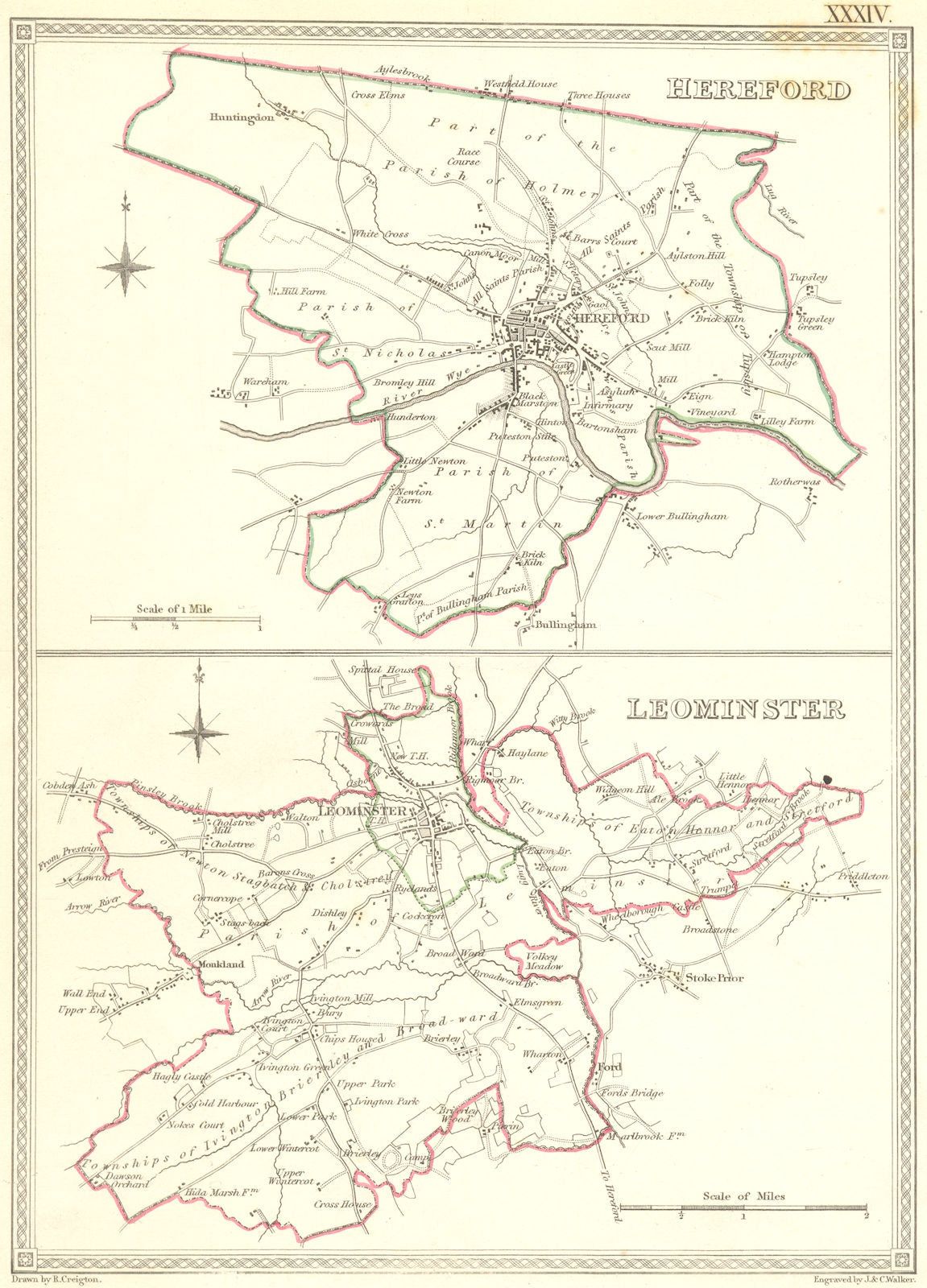 HEREFORD. Leominster. Creighton Walker. Town Plan 1837 old antique map chart